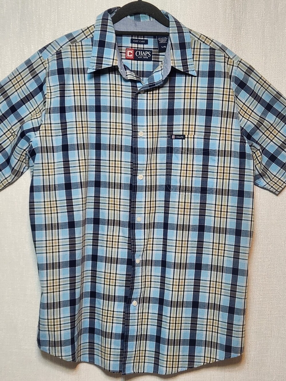 Chaps Button Down Short Sleeve Plaid Shirt Blue Large
